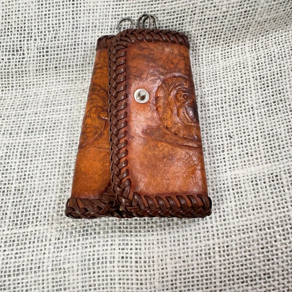 Groovy Hand Tooled‎ Leather Mushroom Key Holder Case Boho Hippie Vintage